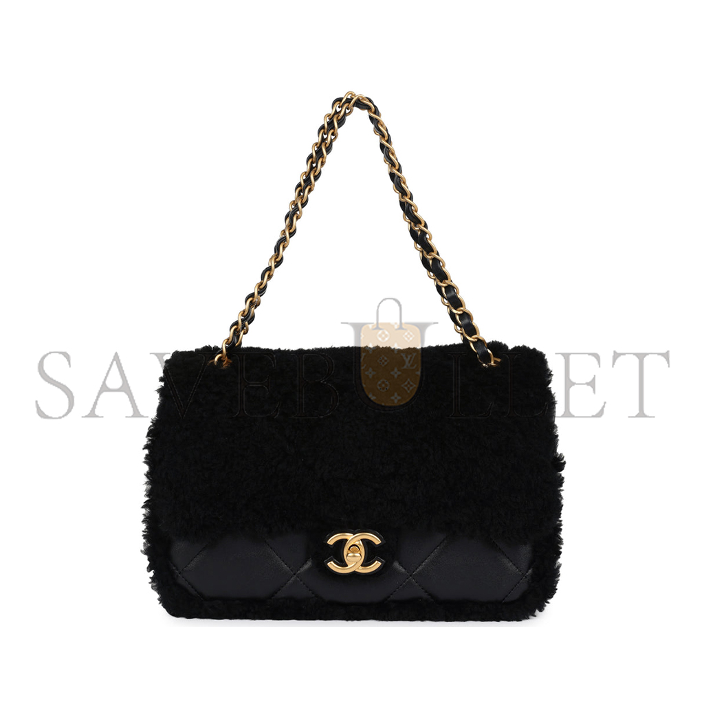 Ch*el medium shearling flap bag black lambskin brushed gold hardware  (23.5*16*7.5cm)